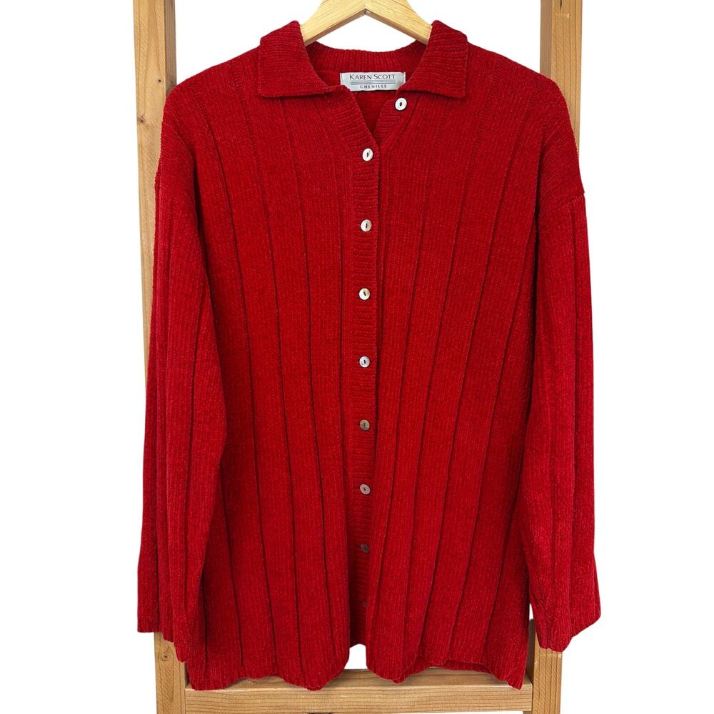 Karen Scott Red Long Sleeve Chenille Cardigan Sweater Size Medium
